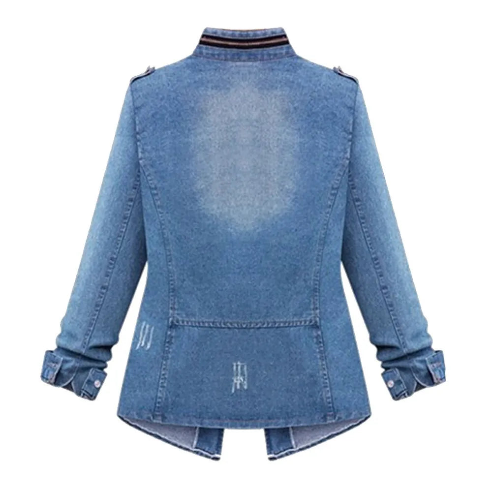 2021 Plus Size Denim Jacket Womens Casual Solid Casual Oversize Autumn Ladies Slim Jeans Chain Jacket Pocket Coat