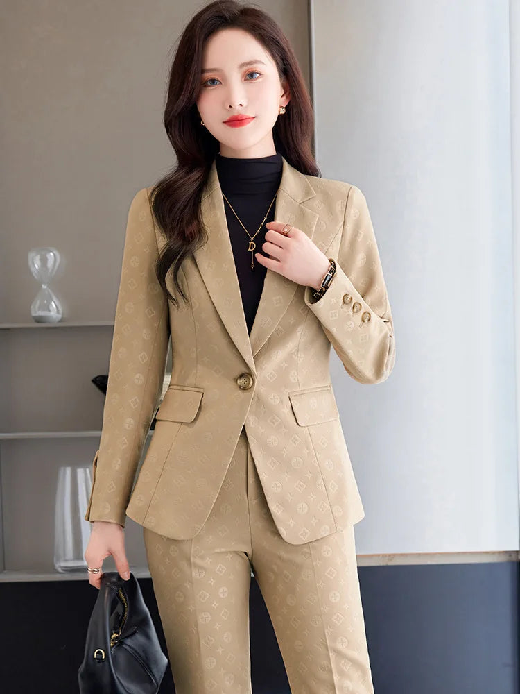 2023 New Female Elegant Women's Brown Character Pants Suit Blazer + Trouser Business Jacket Office Lady 2 Pieces Set S-4XL