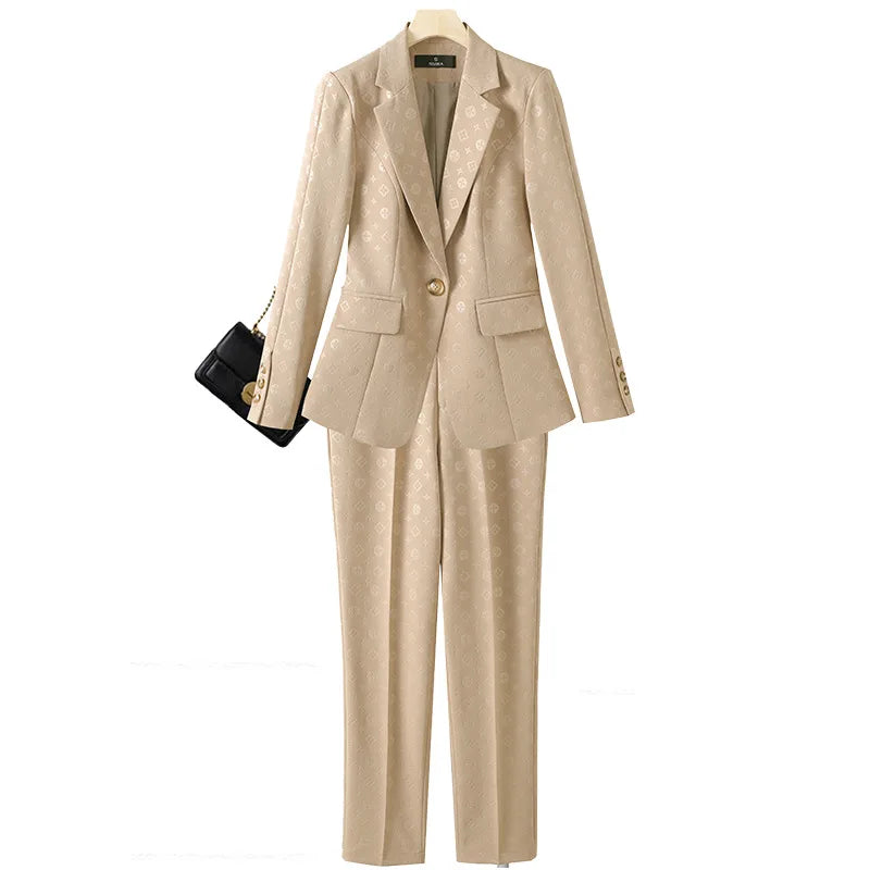 2023 New Female Elegant Women's Brown Character Pants Suit Blazer + Trouser Business Jacket Office Lady 2 Pieces Set S-4XL