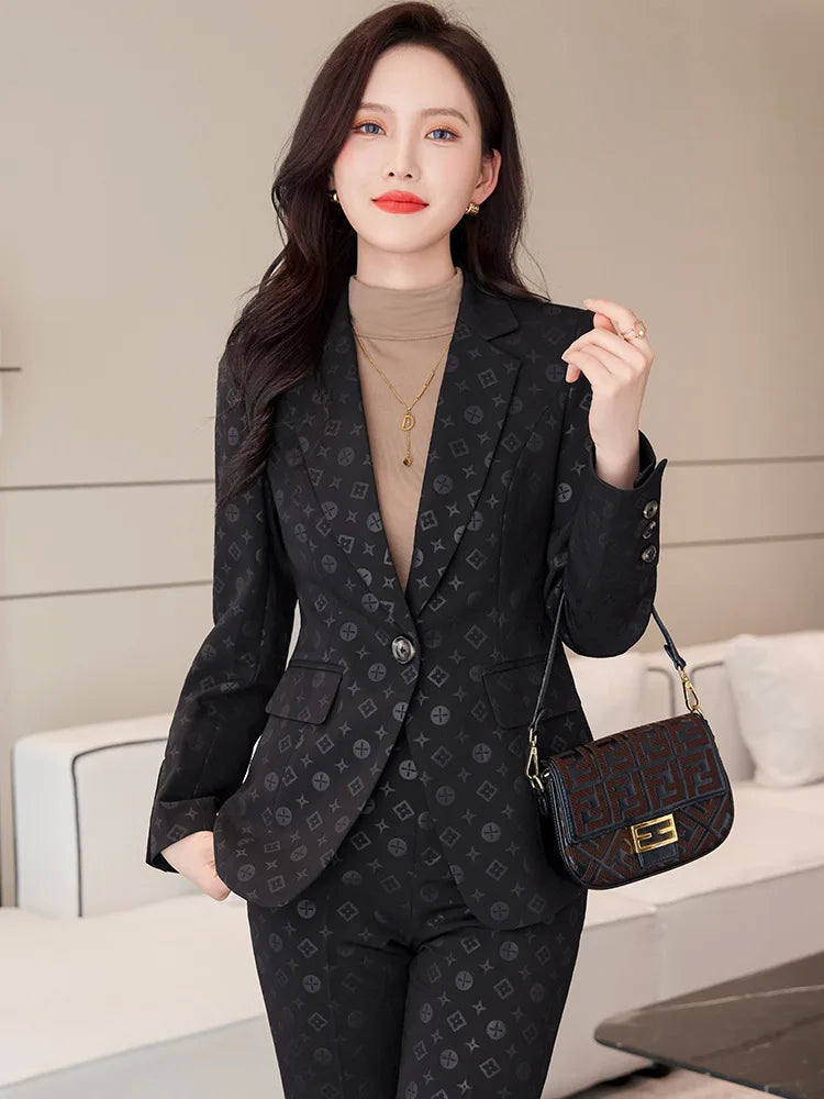 2023 New Female Elegant Women's Brown Character Pants Suit Blazer + Trouser Business Jacket Office Lady 2 Pieces Set S-4XL