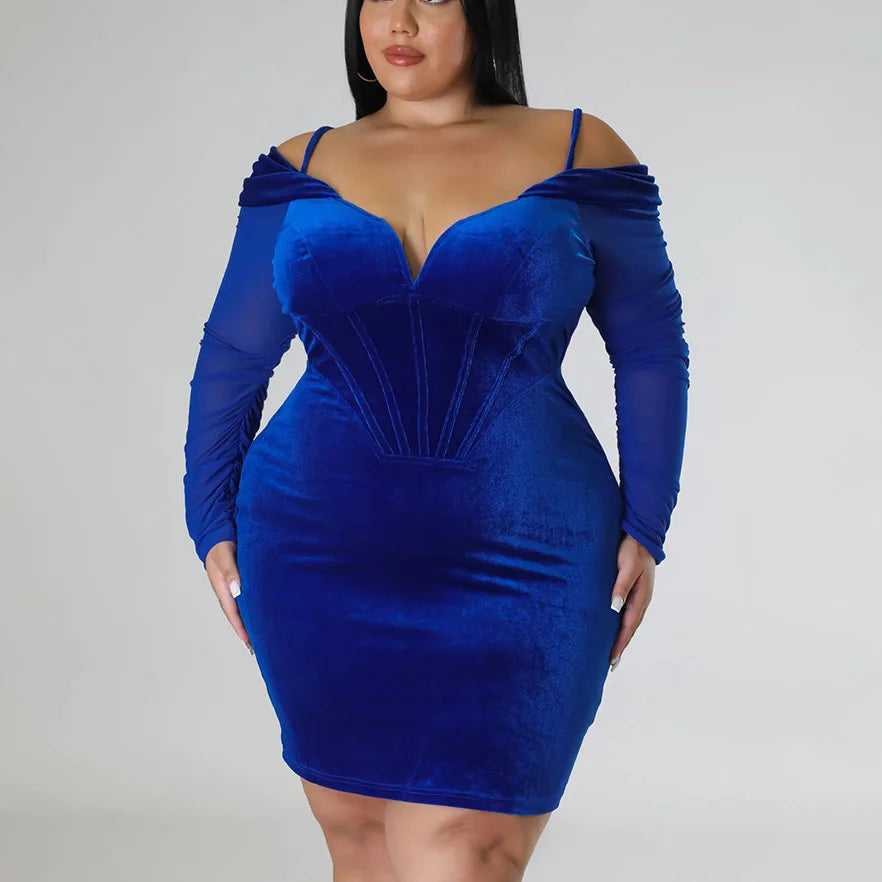 4XL 5XL Plus Size Dresses for Women Bodycon Full Sleeve Solid V Neck Knee Length Oversied Elegant Evening Night Party Club Dress