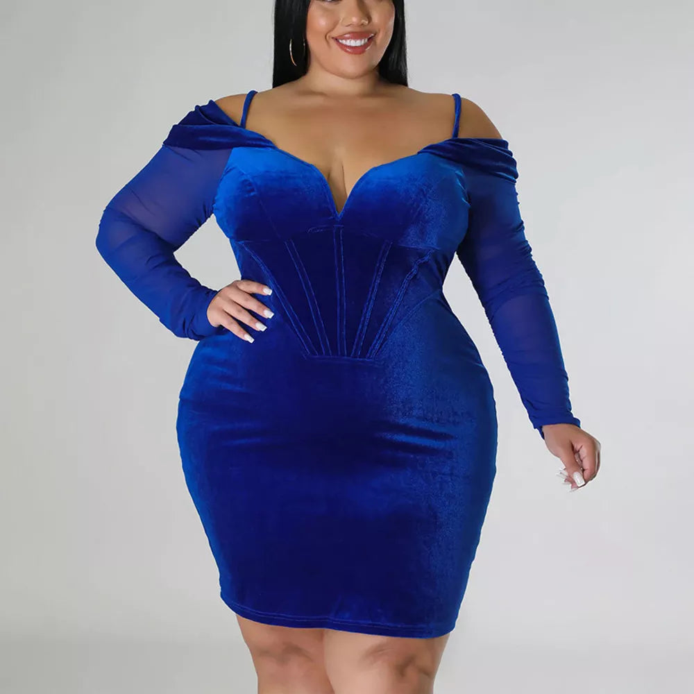 4XL 5XL Plus Size Dresses for Women Bodycon Full Sleeve Solid V Neck Knee Length Oversied Elegant Evening Night Party Club Dress