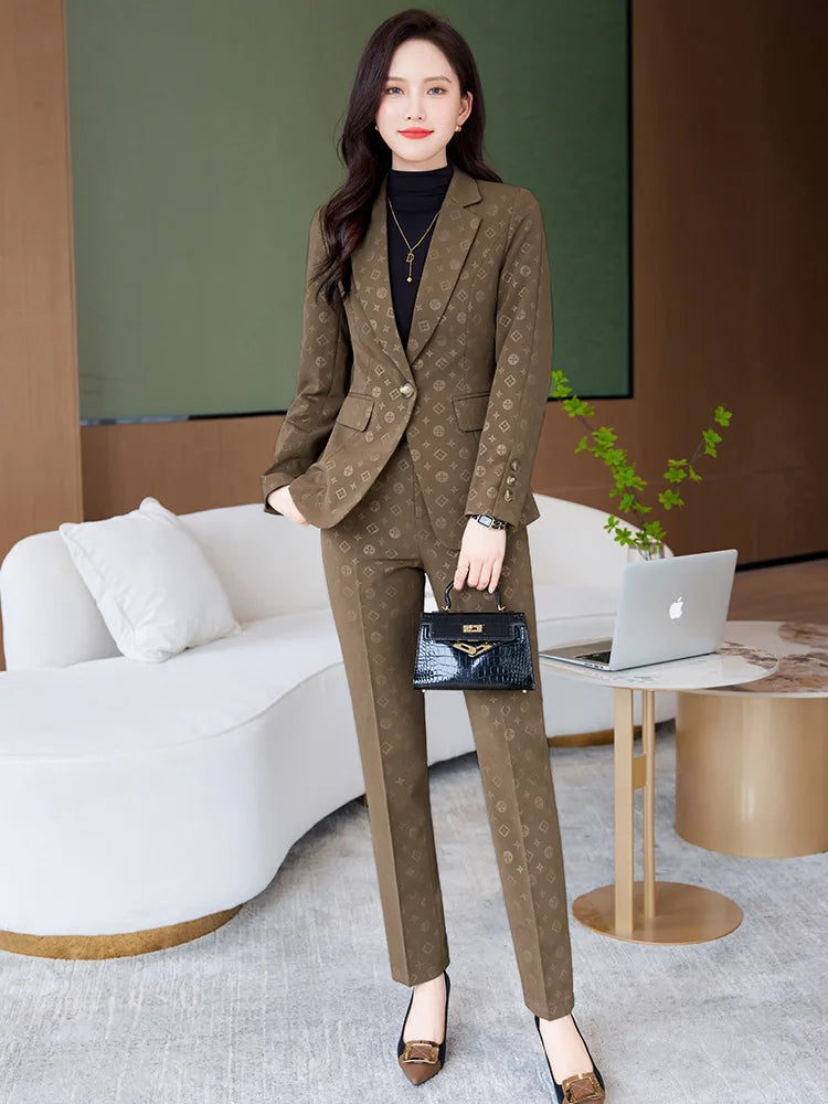 2023 New Female Elegant Women's Brown Character Pants Suit Blazer + Trouser Business Jacket Office Lady 2 Pieces Set S-4XL